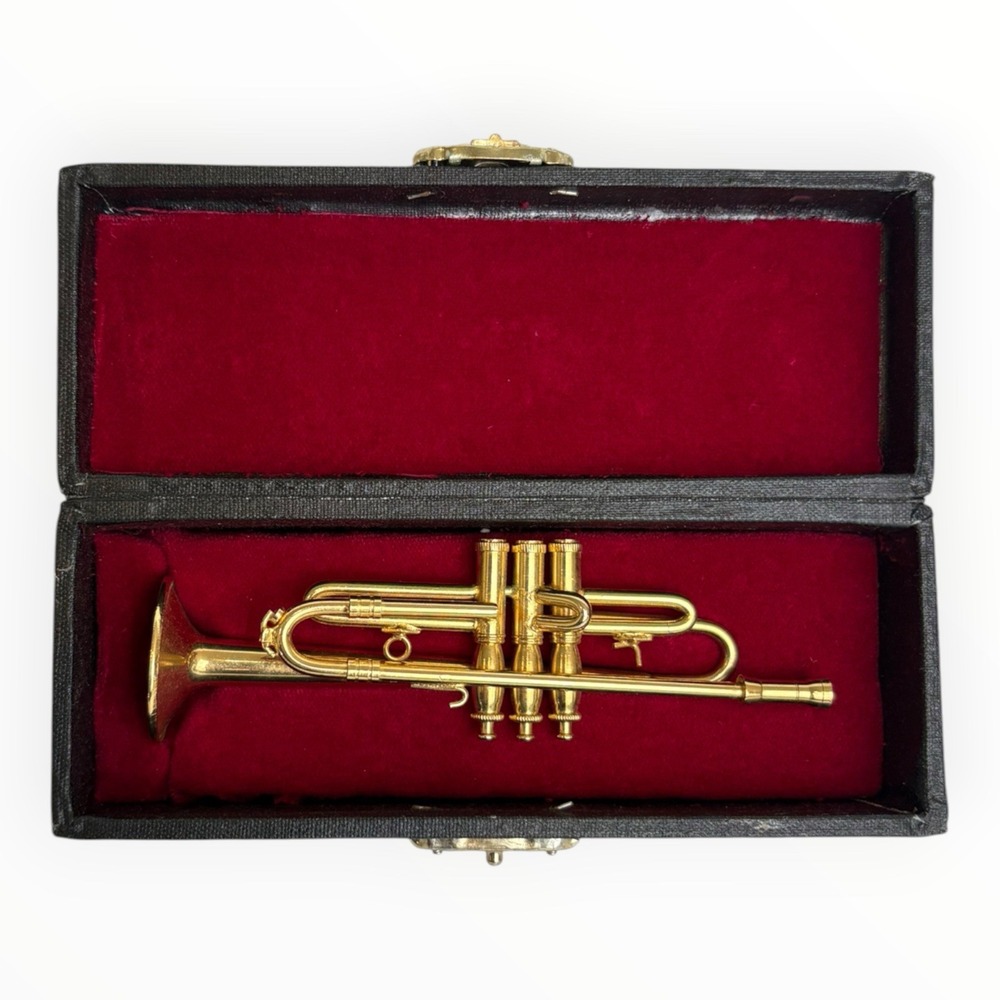 4.5" Miniature Trumpet Polished Brass with Original Box Detailed Desk Trinket
